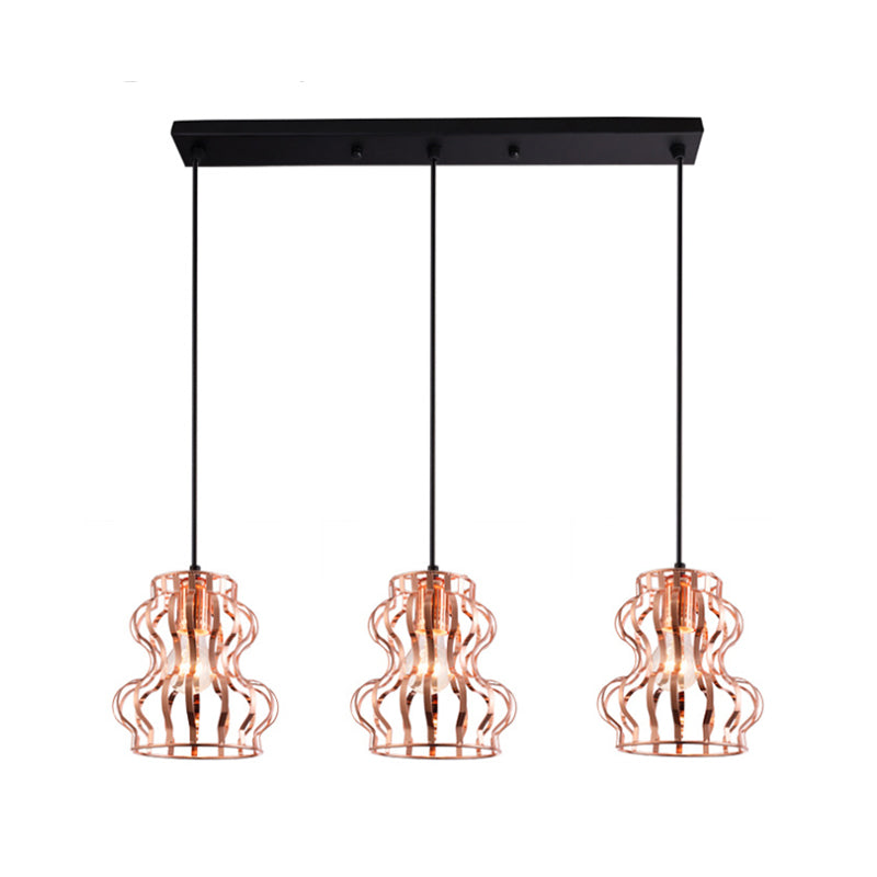 Rose Gold Loft Style Gourd Cage Pendant Light With Canopy - 3 Bulb Metallic Hanging Ceiling