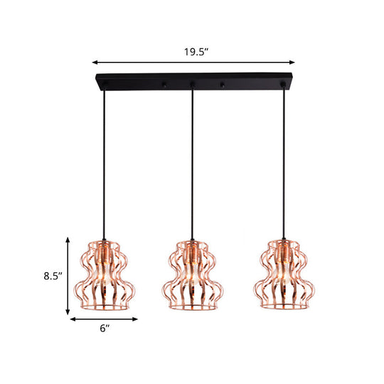 Rose Gold Loft Style Gourd Cage Pendant Light with Canopy - 3 Bulbs, Metallic Finish