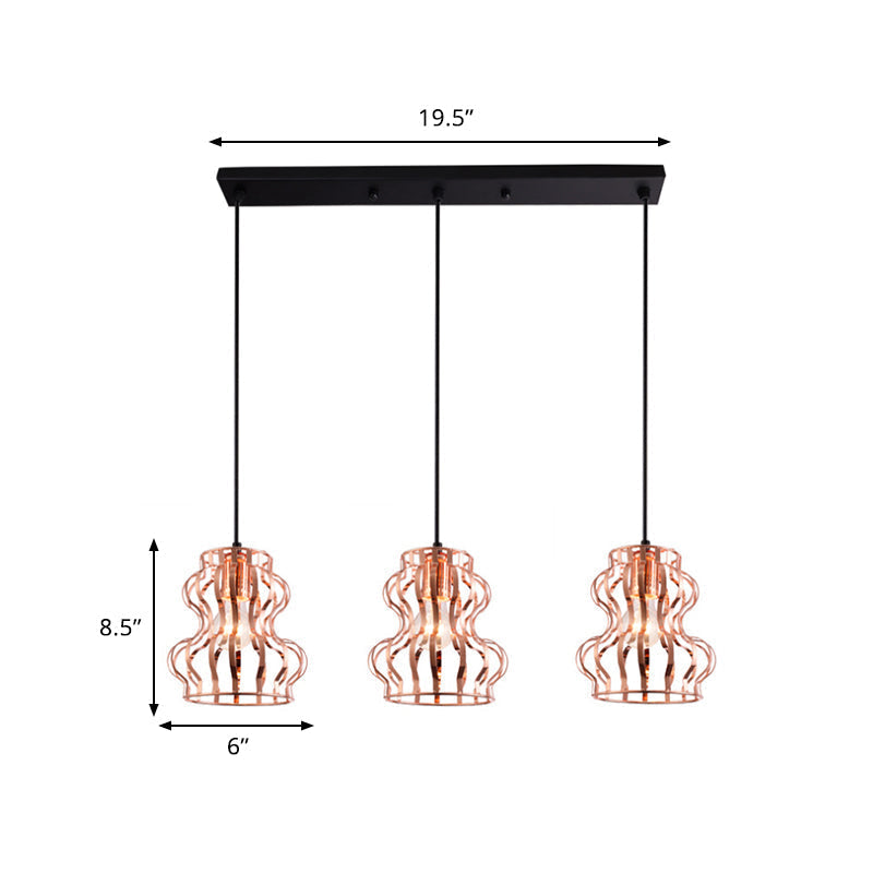 Rose Gold Loft Style Gourd Cage Pendant Light With Canopy - 3 Bulb Metallic Hanging Ceiling