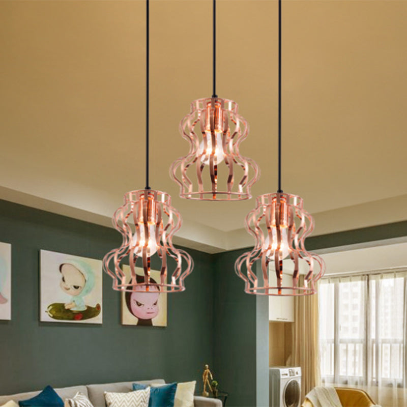 Rose Gold Loft Style Gourd Cage Pendant Light with Canopy - 3 Bulbs, Metallic Finish