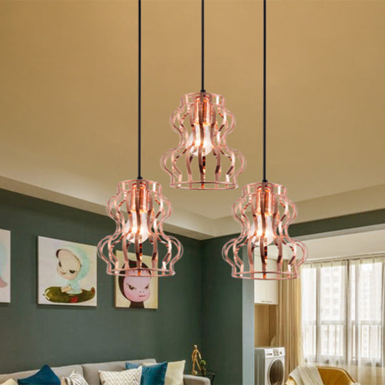 Rose Gold Loft Style Gourd Cage Pendant Light With Canopy - 3 Bulb Metallic Hanging Ceiling