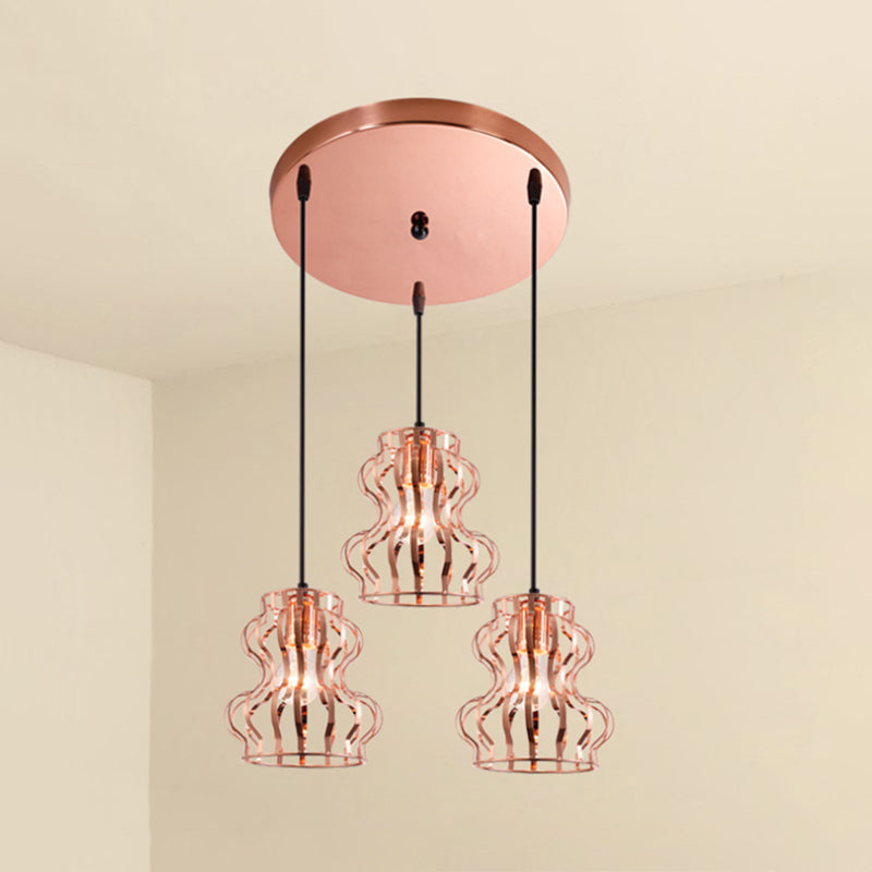 Rose Gold Loft Style Gourd Cage Pendant Light with Canopy - 3 Bulbs, Metallic Finish