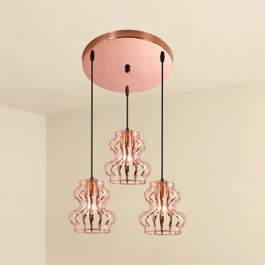 Rose Gold Loft Style Gourd Cage Pendant Light With Canopy - 3 Bulb Metallic Hanging Ceiling