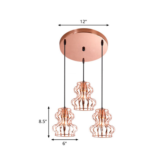 Rose Gold Loft Style Gourd Cage Pendant Light with Canopy - 3 Bulbs, Metallic Finish