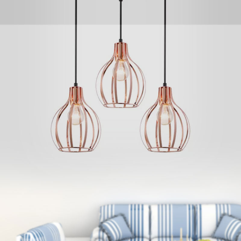 Metallic Rose Gold Pendant Lighting - Industrial Style Ceiling Light Fixture with Cage Shade - 3 Lights - Round/Linear Canopy