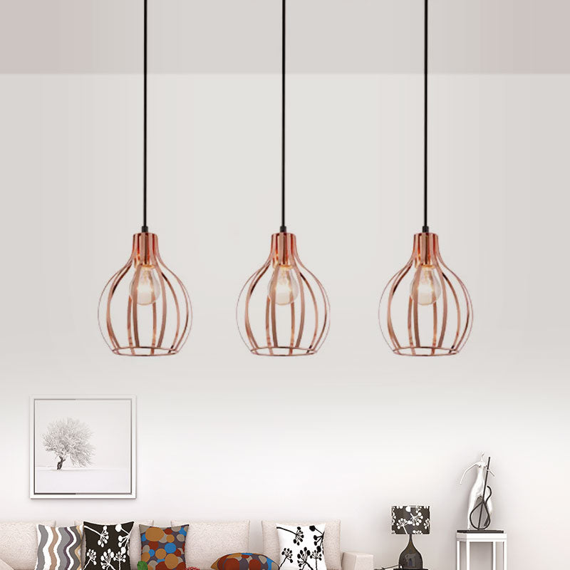 Metallic Rose Gold Pendant Lighting - Industrial Style Ceiling Light Fixture with Cage Shade - 3 Lights - Round/Linear Canopy