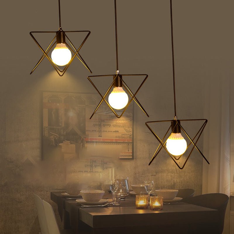 Geometric Pendant Light With Wire Frame: Industrial Style Black Iron Round/Linear Canopy - 3 Heads /