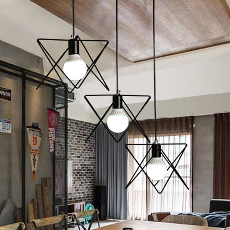 Geometric Pendant Light - Modern Industrial Style Iron Fixture with 3 Heads, Black Wire Frame, Suspended Design - Round/Linear Canopy