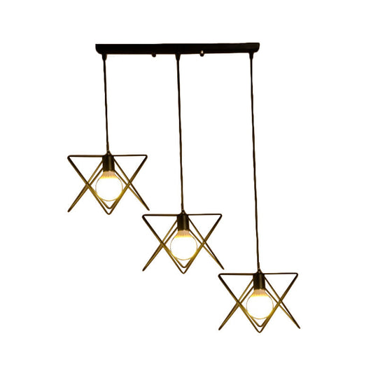 Geometric Pendant Light - Modern Industrial Style Iron Fixture with 3 Heads, Black Wire Frame, Suspended Design - Round/Linear Canopy