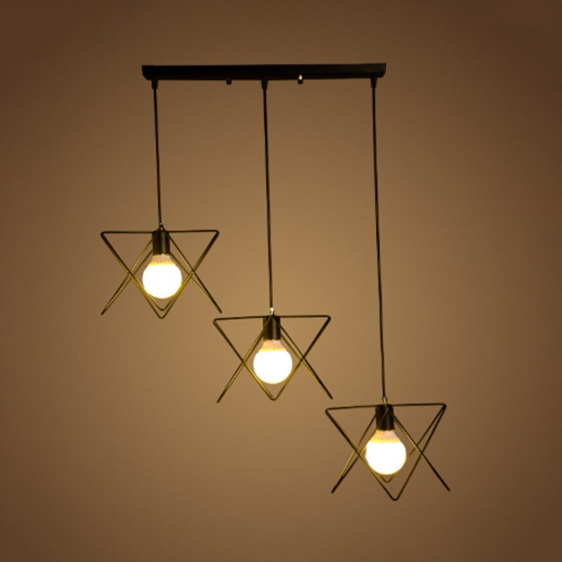 Geometric Pendant Light With Wire Frame: Industrial Style Black Iron Round/Linear Canopy - 3 Heads