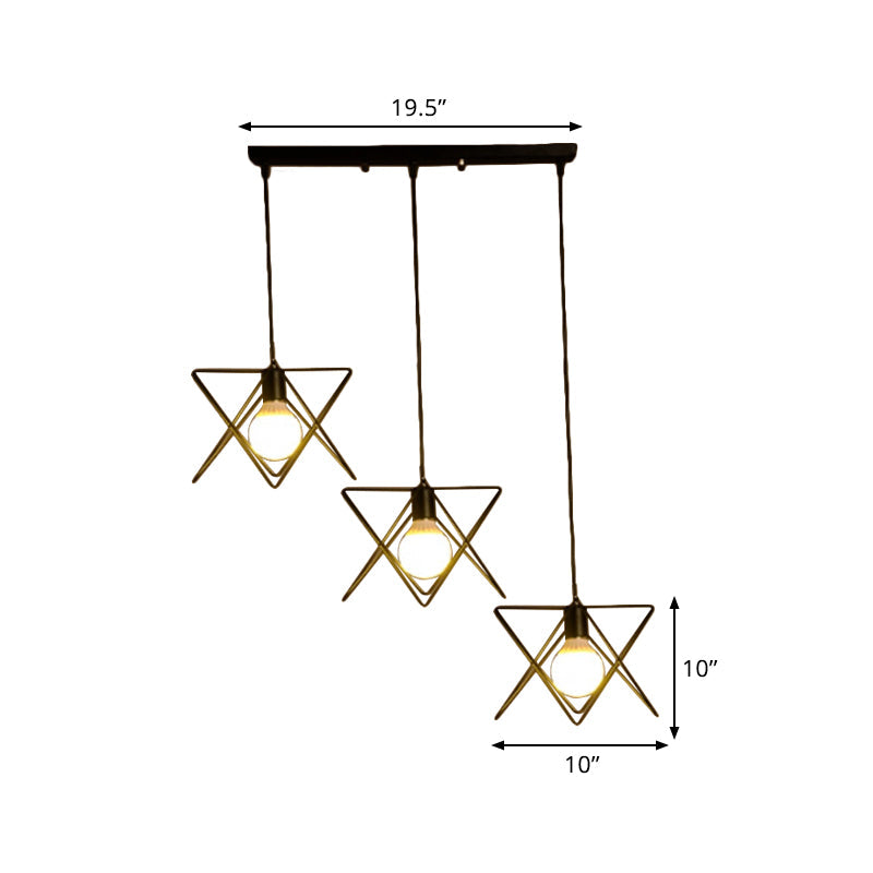 Geometric Pendant Light With Wire Frame: Industrial Style Black Iron Round/Linear Canopy - 3 Heads