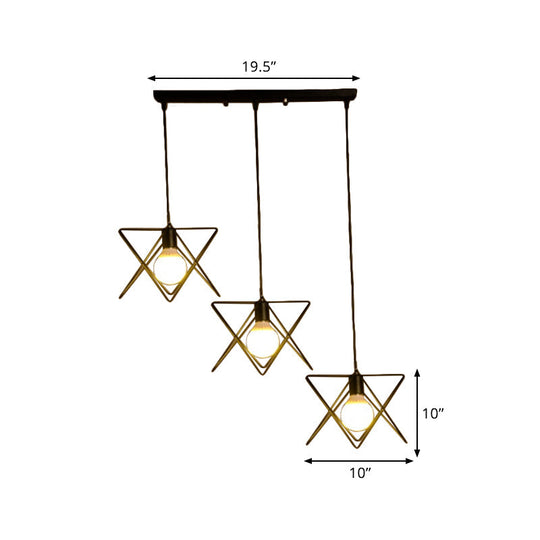 Geometric Pendant Light With Wire Frame: Industrial Style Black Iron Round/Linear Canopy - 3 Heads