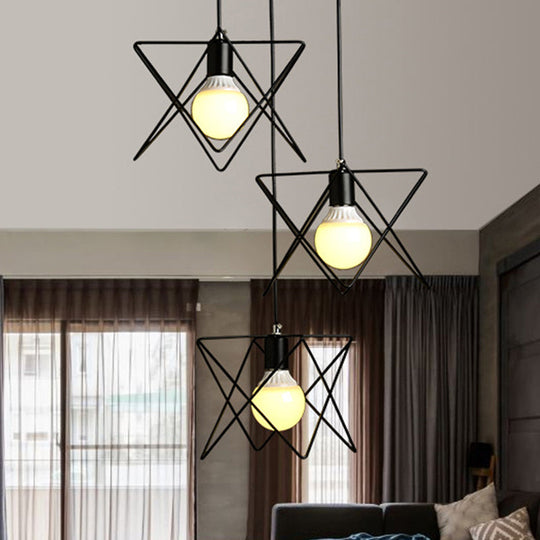 Geometric Pendant Light With Wire Frame: Industrial Style Black Iron Round/Linear Canopy - 3 Heads /