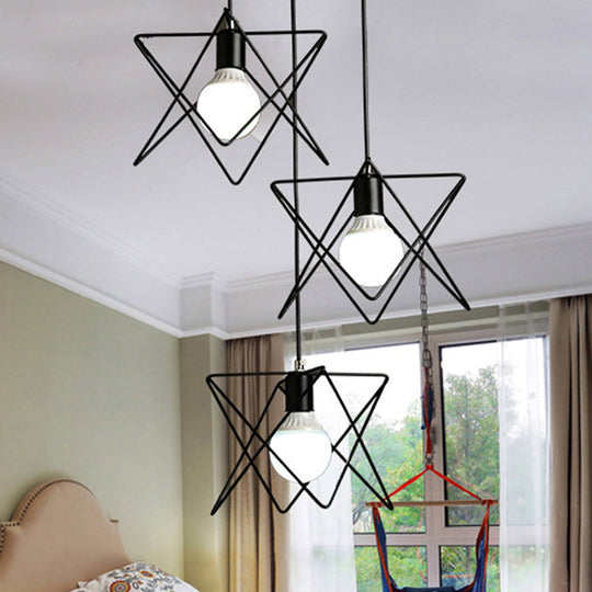 Geometric Pendant Light With Wire Frame: Industrial Style Black Iron Round/Linear Canopy - 3 Heads