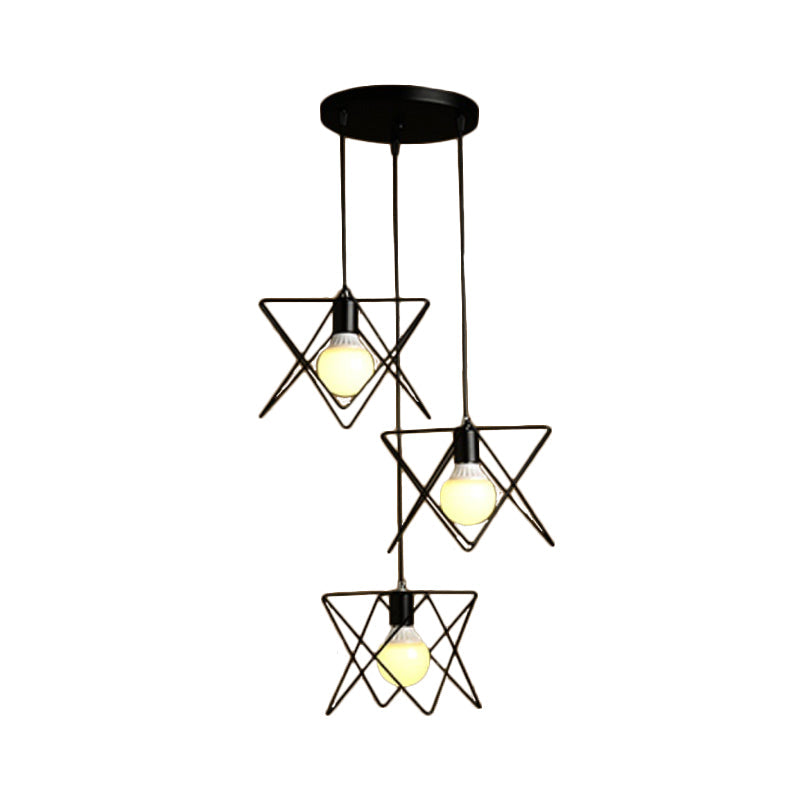 Geometric Pendant Light - Modern Industrial Style Iron Fixture with 3 Heads, Black Wire Frame, Suspended Design - Round/Linear Canopy