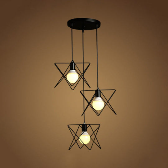 Geometric Pendant Light - Modern Industrial Style Iron Fixture with 3 Heads, Black Wire Frame, Suspended Design - Round/Linear Canopy