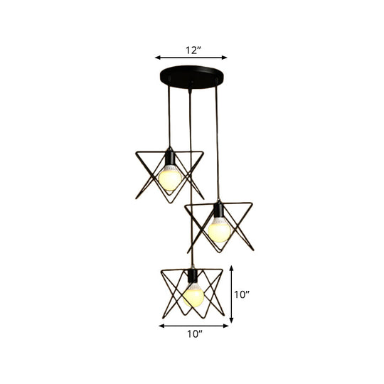 Geometric Pendant Light - Modern Industrial Style Iron Fixture with 3 Heads, Black Wire Frame, Suspended Design - Round/Linear Canopy