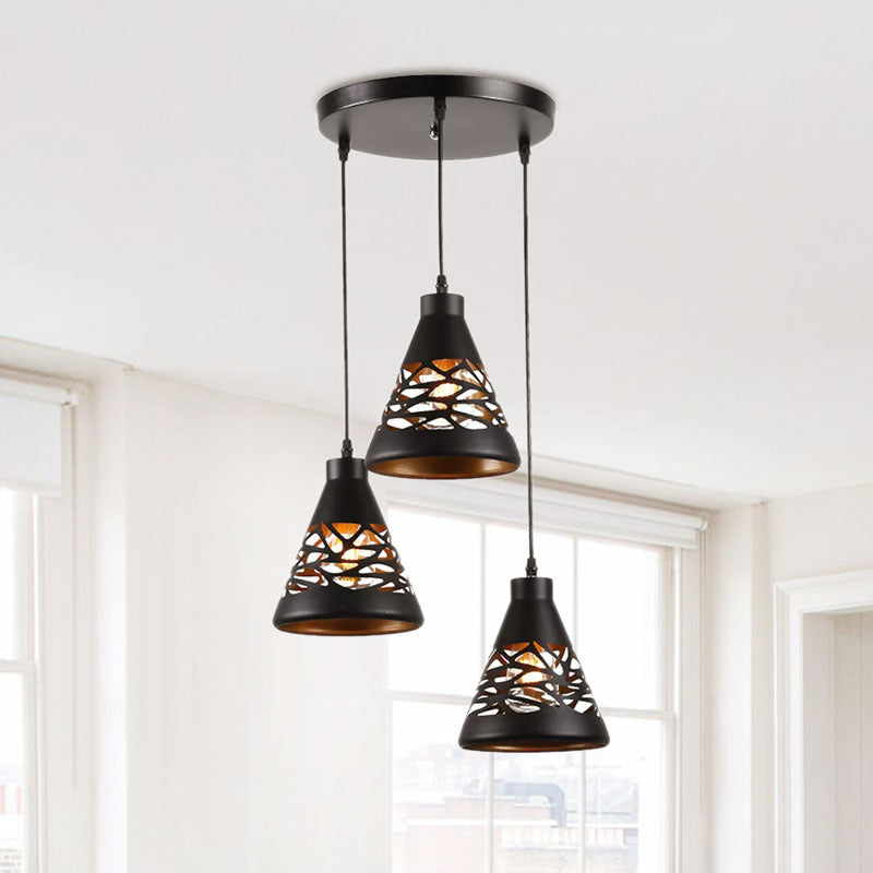 Hollow Out Industrial Ceiling Light - Black Conical Hanging Light with 3 Lights