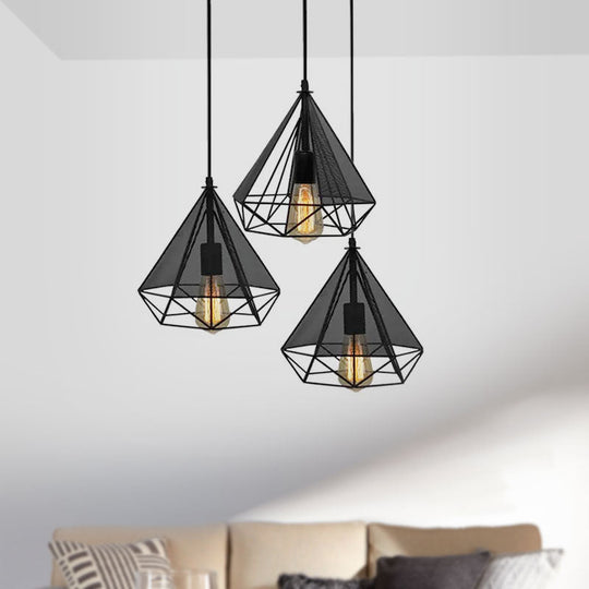 Retro Style Black Diamond Cage Pendant Light With 3 Metallic Heads For Dining Rooms - Round/Linear