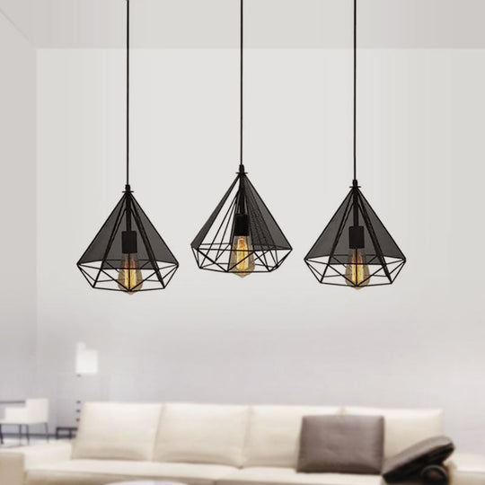 Retro Style Black Diamond Cage Pendant Light With 3 Metallic Heads For Dining Rooms - Round/Linear