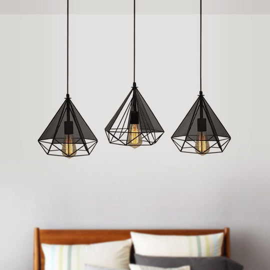 Retro Style Black Diamond Cage Pendant Light With 3 Metallic Heads For Dining Rooms - Round/Linear