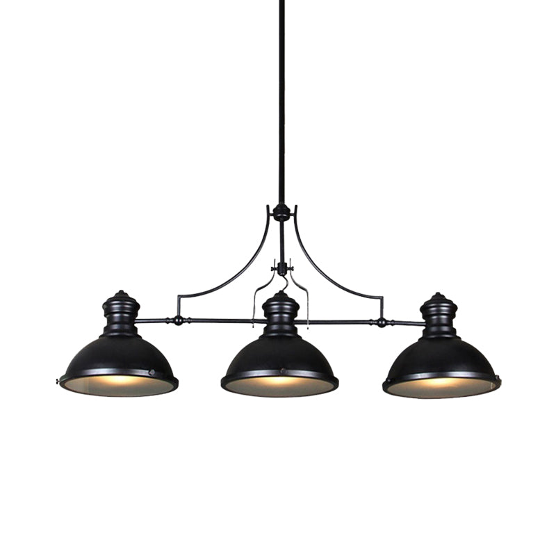 Retro Island Lighting: Metallic Black Hanging Fixture With Dome Shade Glass Diffuser And 3 Bulb