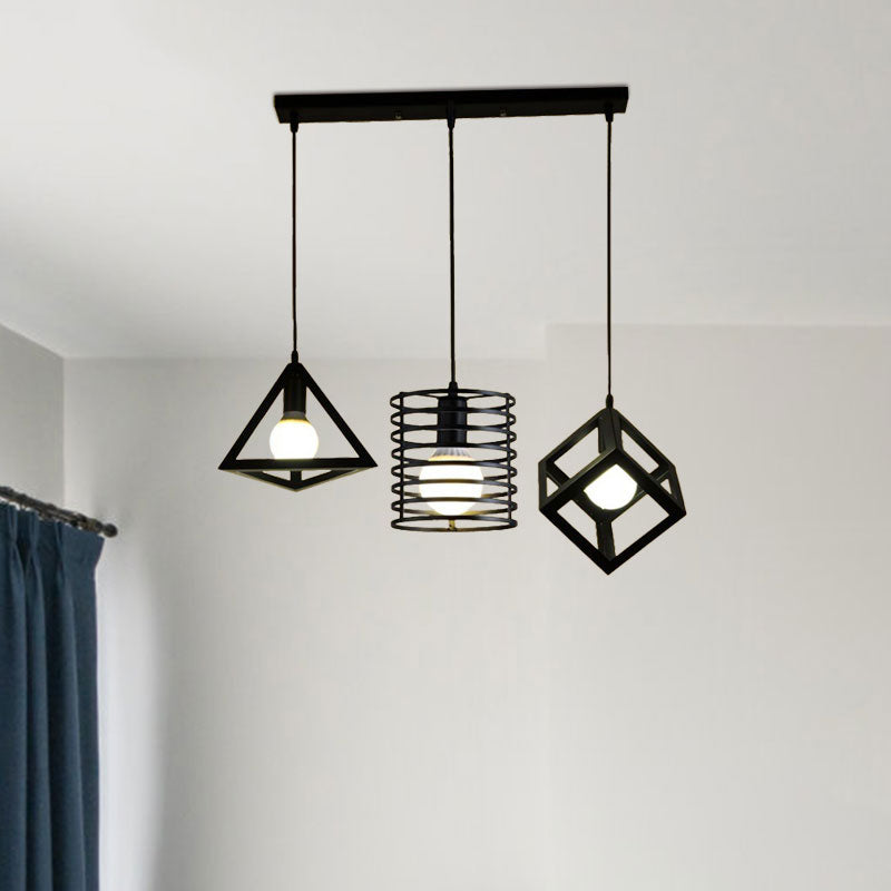 Metal Black Pendant Lamp With Wire Cage And 3 Bulbs - Industrial Stylish Hanging Lighting For