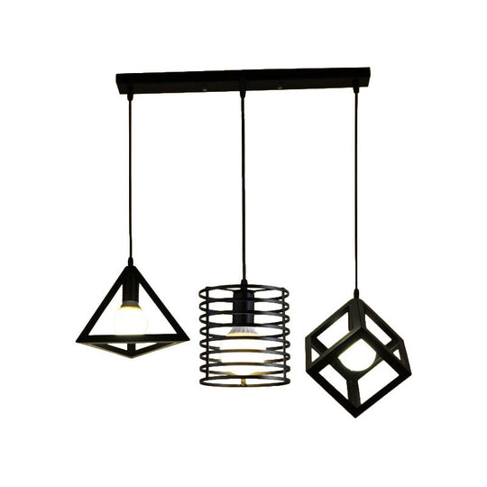 Metal Black Pendant Lamp With Wire Cage And 3 Bulbs - Industrial Stylish Hanging Lighting For