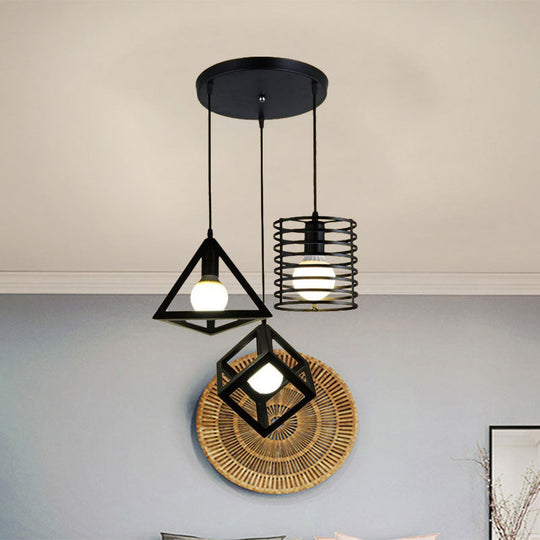 Metal Black Pendant Lamp With Wire Cage And 3 Bulbs - Industrial Stylish Hanging Lighting For