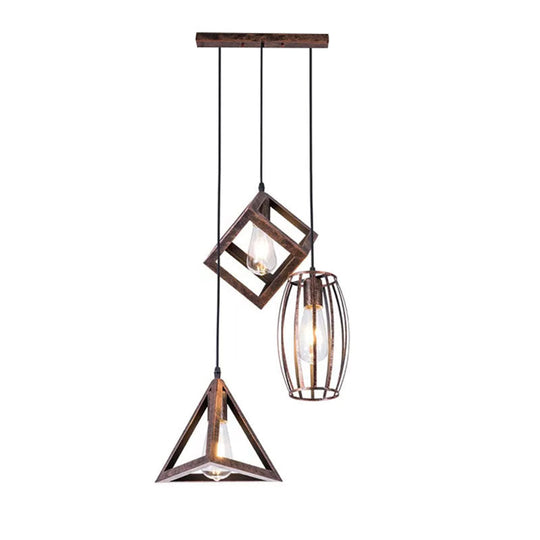 Antique Style Wrought Iron Pendant Lamp - 3-Head Caged Design for Dining Room Ceiling - Rust Finish