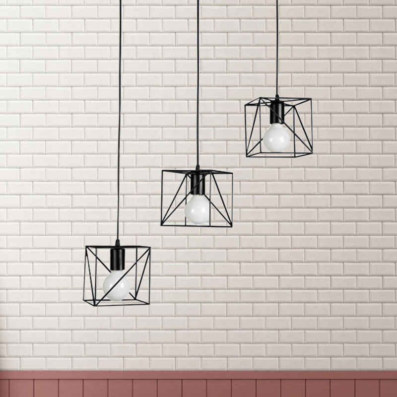 Industrial Metal Ceiling Fixture - Square Frame With 3 Black Bedside Lights