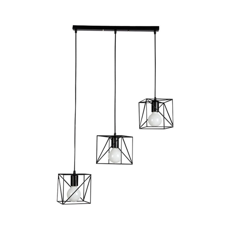 Industrial Metal Ceiling Fixture - Square Frame With 3 Black Bedside Lights