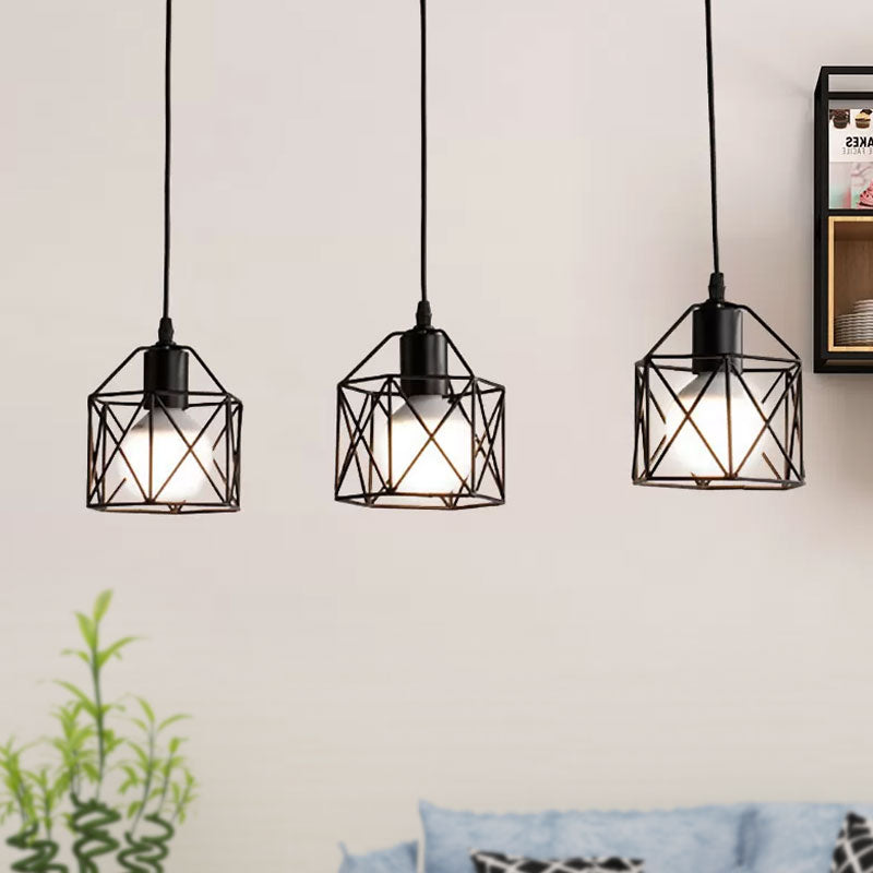 Hexagon Kitchen Ceiling Fixture - Wire Cage Pendant Light with Farmhouse Style, Metallic Finish - 3 Bulbs, Black