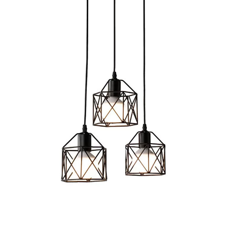 Hexagon Kitchen Ceiling Fixture - Wire Cage Pendant Light with Farmhouse Style, Metallic Finish - 3 Bulbs, Black