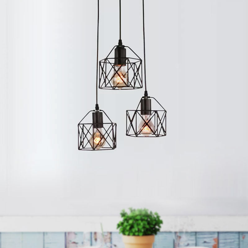 Metallic 3-Bulb Black Hexagon Pendant Light Farmhouse Style Kitchen Ceiling Fixture With Wire Cage