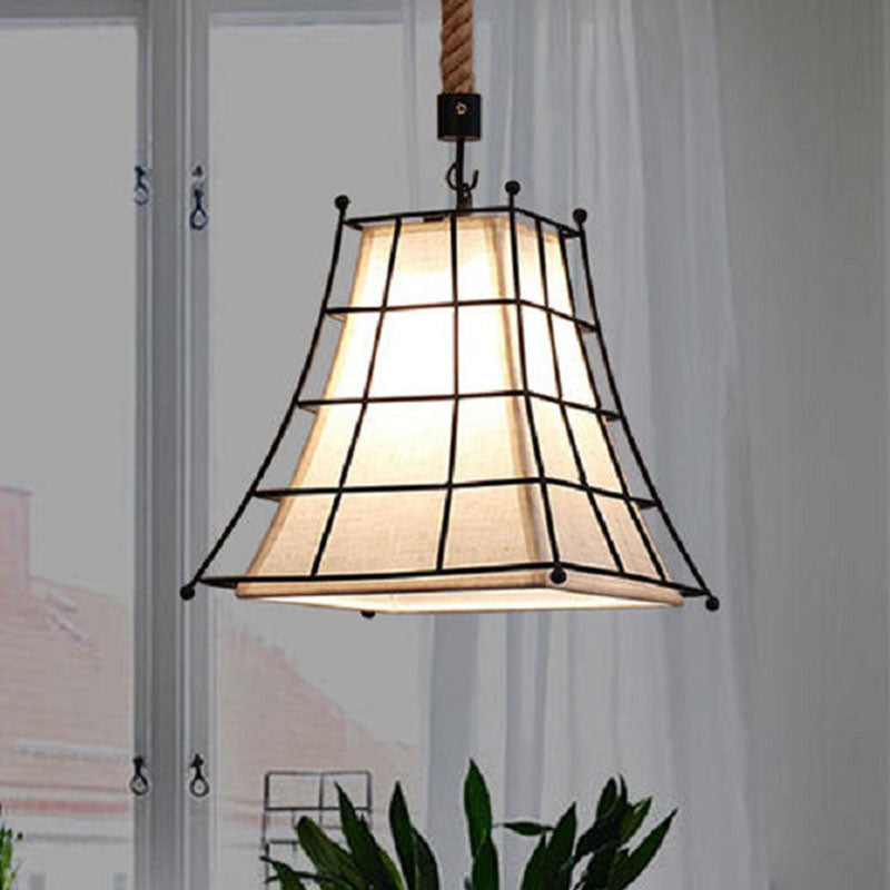 Vintage Style Metal Bell Cage Pendant Lamp with Inner White Fabric Shade - Dining Room Ceiling Light (1 Light)