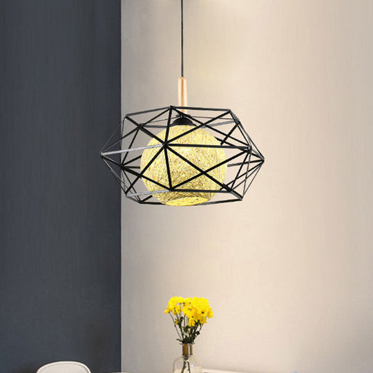 Industrial Faceted Cage Metal Pendant Light With Globe Rattan Shade - Foyer And Dining Room Lighting