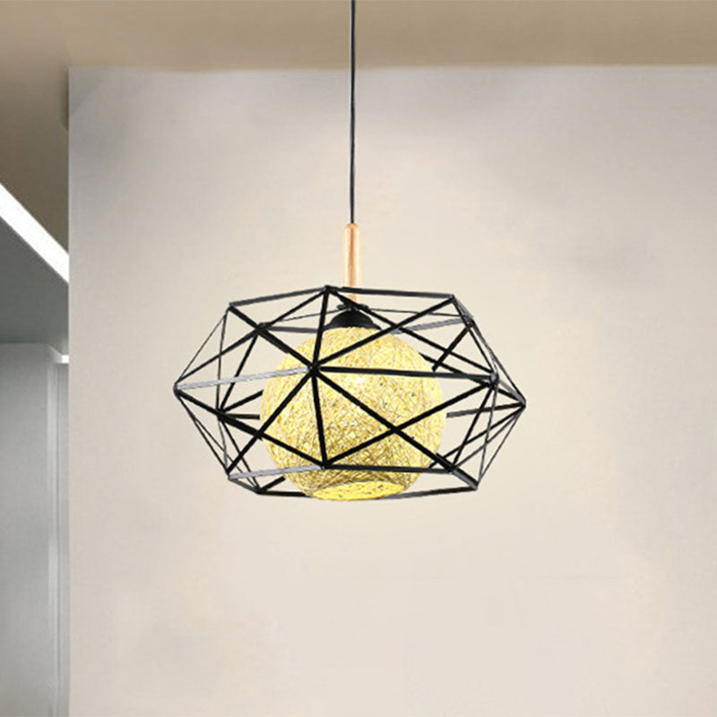 Industrial Faceted Cage Metal Pendant Light With Globe Rattan Shade - Foyer And Dining Room Lighting