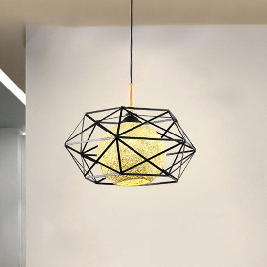 Industrial Faceted Cage Metal Pendant Light With Globe Rattan Shade - Foyer And Dining Room Lighting