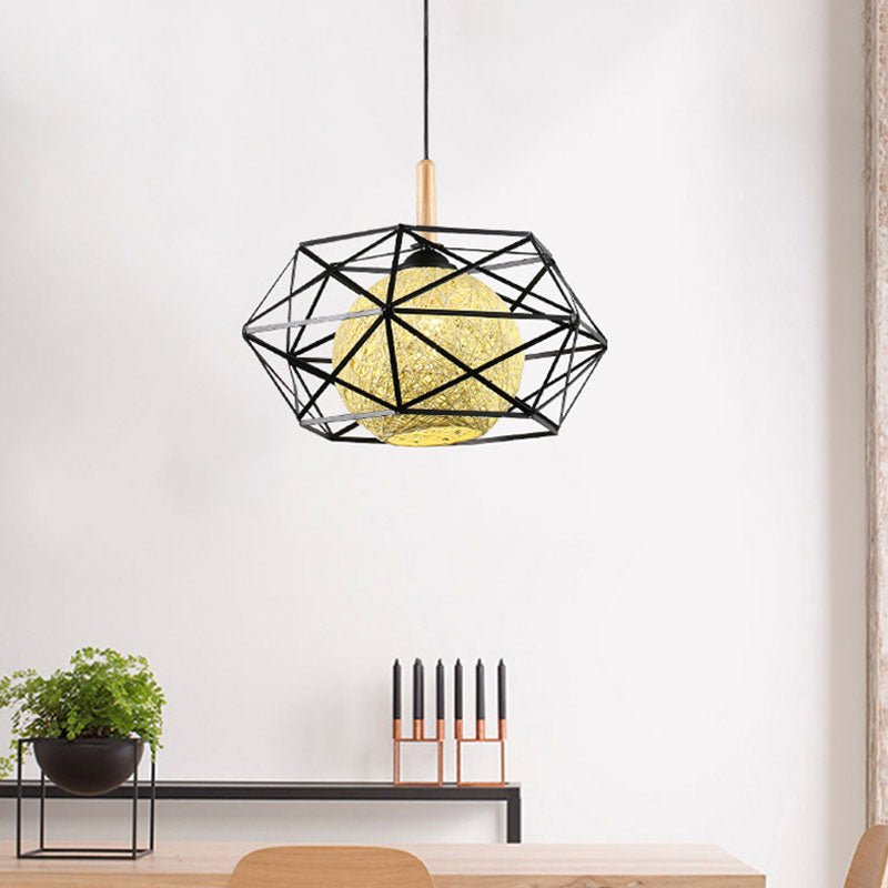 Industrial Faceted Cage Metal Pendant Light With Globe Rattan Shade - Foyer And Dining Room Lighting