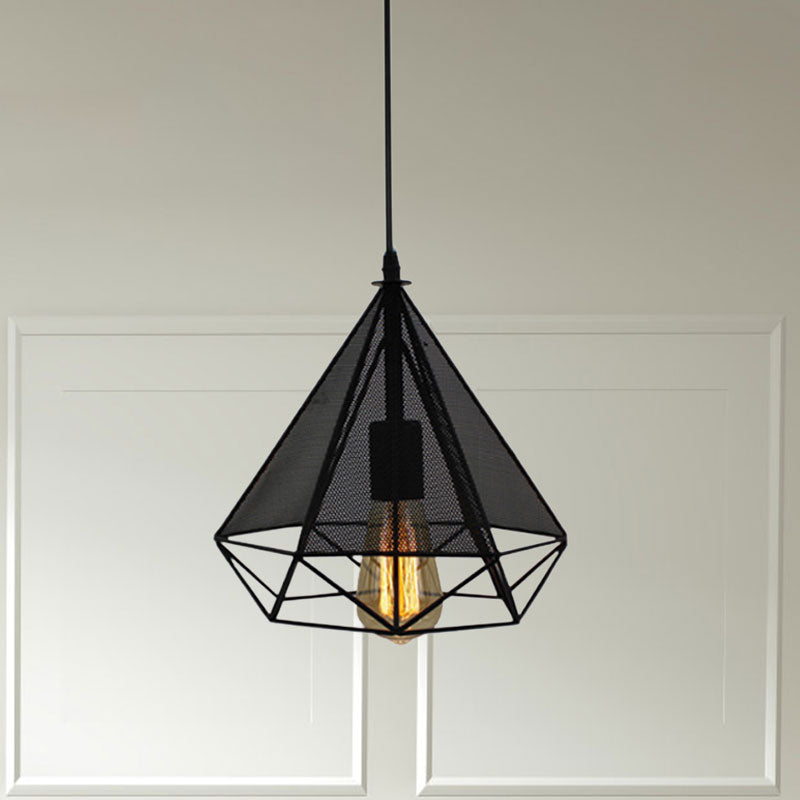 Industrial Style Black Diamond Pendant Lamp With Mesh Screen - Metallic Bulb Indoor Lighting