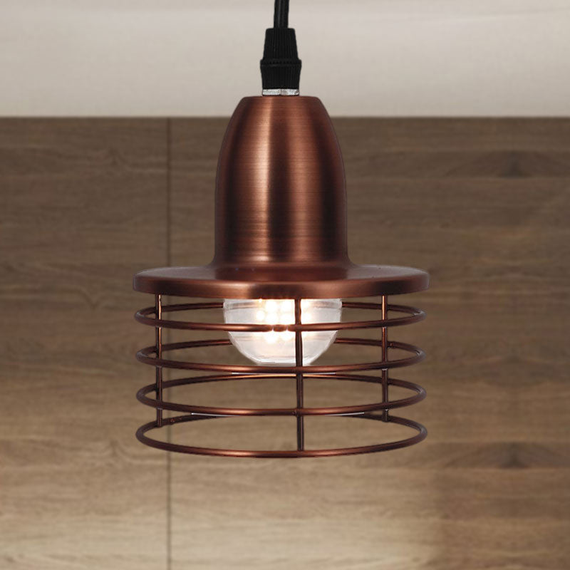 Industrial Retro Pendant Lighting: 1-Light Drum Pendant with Wire Cage Shade for Kitchen Ceiling, Black/Bronze Metal