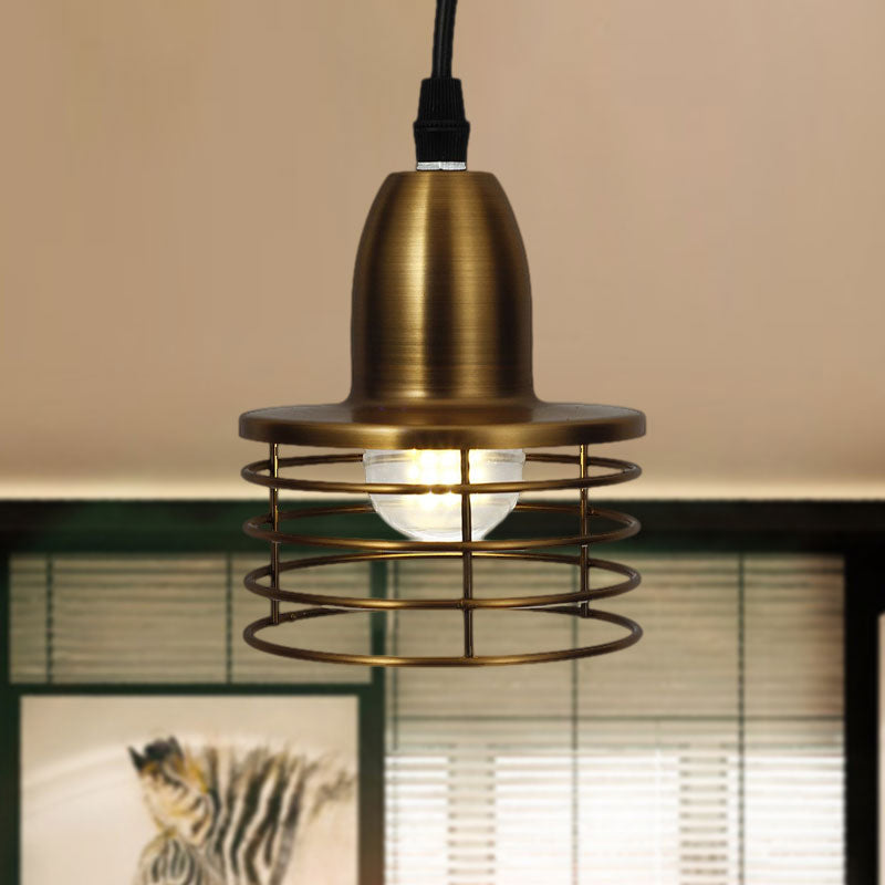 Industrial Retro Pendant Lighting: 1-Light Drum Pendant with Wire Cage Shade for Kitchen Ceiling, Black/Bronze Metal