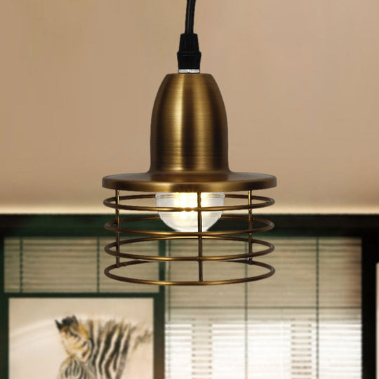 Industrial Retro Black/Bronze Metal Ceiling Pendant With Wire Cage Shade For Kitchen - 1-Light Drum