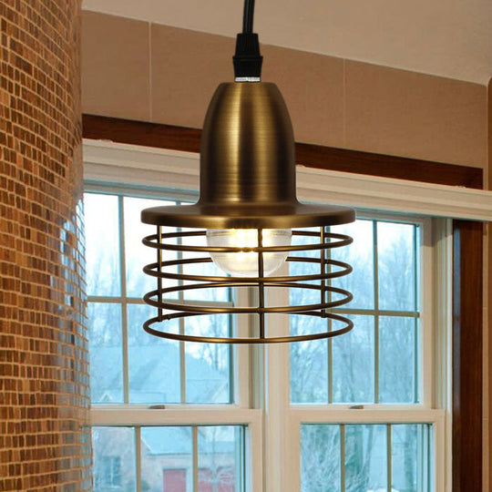 Industrial Retro Pendant Lighting: 1-Light Drum Pendant with Wire Cage Shade for Kitchen Ceiling, Black/Bronze Metal