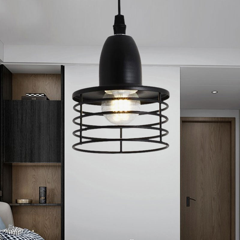 Industrial Retro Pendant Lighting: 1-Light Drum Pendant with Wire Cage Shade for Kitchen Ceiling, Black/Bronze Metal