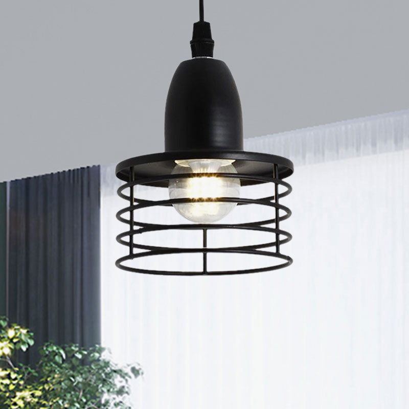 Industrial Retro Pendant Lighting: 1-Light Drum Pendant with Wire Cage Shade for Kitchen Ceiling, Black/Bronze Metal