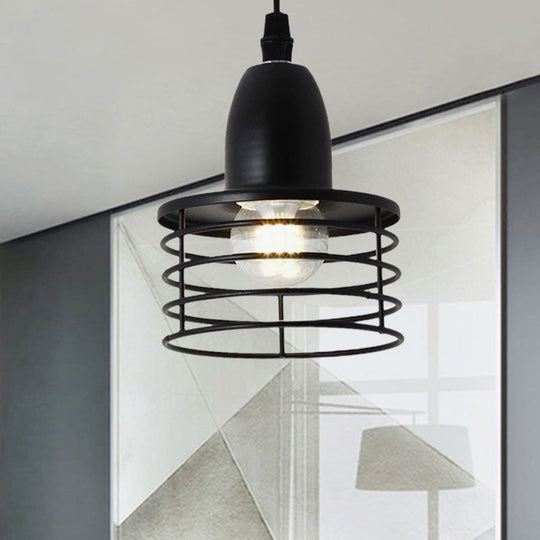 Industrial Retro Pendant Lighting: 1-Light Drum Pendant with Wire Cage Shade for Kitchen Ceiling, Black/Bronze Metal