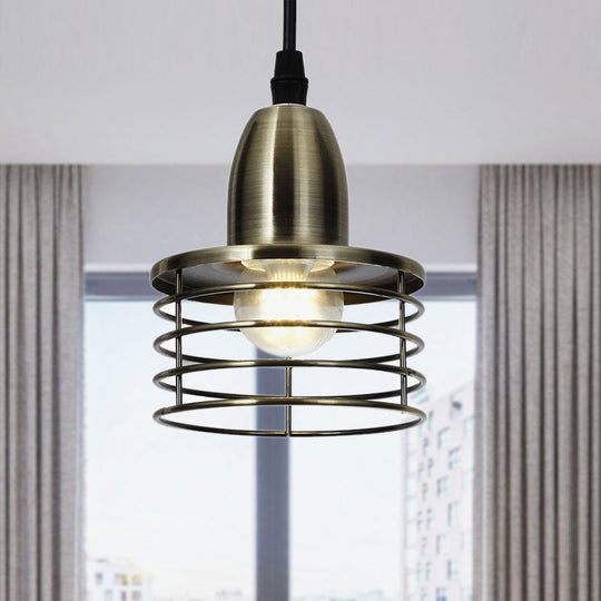 Industrial Retro Pendant Lighting: 1-Light Drum Pendant with Wire Cage Shade for Kitchen Ceiling, Black/Bronze Metal