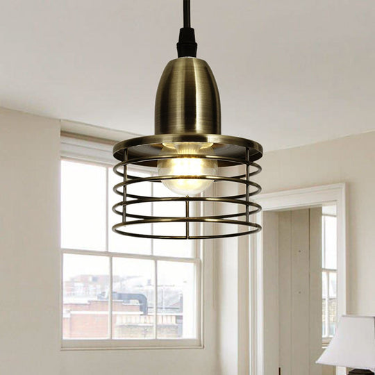 Industrial Retro Pendant Lighting: 1-Light Drum Pendant with Wire Cage Shade for Kitchen Ceiling, Black/Bronze Metal